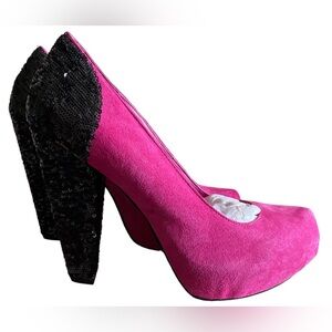 BCBG womens Pink Suede Black Sequin 5” high heel dress shoes size 9